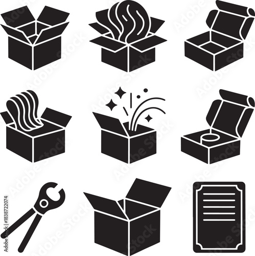 Surprise box silhouette with various items inside isolated vector illustration set