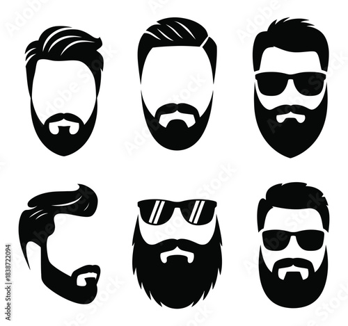 Set of Bearded Men Faces, a vector collection featuring hipster-style men with diverse haircuts, mustaches, and beard styles for fashion, lifestyle, and creative illustration