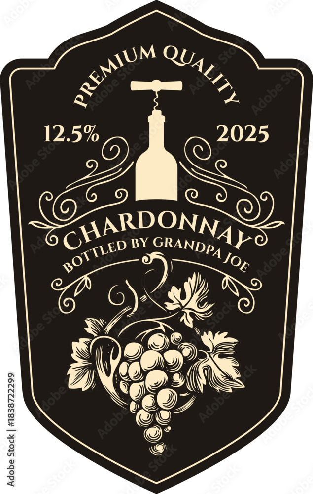Naklejka premium Wine label or frame with a bunch of grapes, bottle with corkscrew and inscriptions in retro style. Vector hand-drawn label with curlicues on black background. No ai
