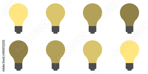 8 Frame Sprite Sheet of Shiny Glowing Pulsing Basic Lamp Light Bulb Idea or Solution Symbol Icon Set for Game or App Animation. Vector Image.