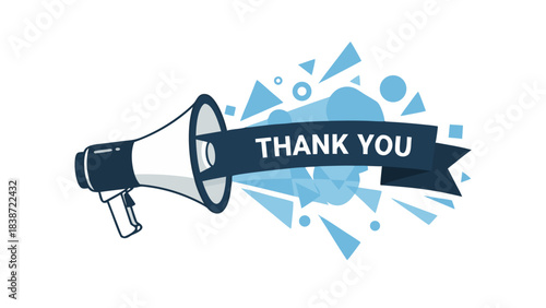 Vector Illustration Of A Megaphone Announcing Thank You With Blue Geometric Shapes On Black Background