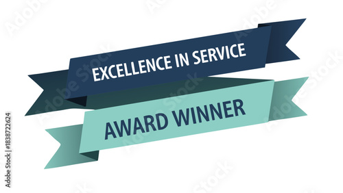 Two Ribbons One Blue With Text Excellence In Service The Other Teal With Text Award Winner On Black Background
