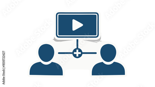 Two Silhouetted Figures Connected by Lines to a Screen Displaying a Play Button Representing Shared Digital Content or Collaboration