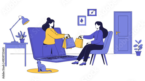 Two women exchanging shopping bags indoors with a small dog on the floor and a lamp on a table with plants