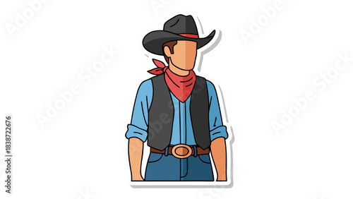 Vector Illustration of a Cowboy in Traditional Western Attire with Black Hat and Red Bandana Standing Against a Black Background
