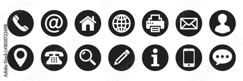 Set of Basic Contact Icons, a clean vector collection featuring communication buttons such as call, mail, address, fax, user profile, and phone number for professional design