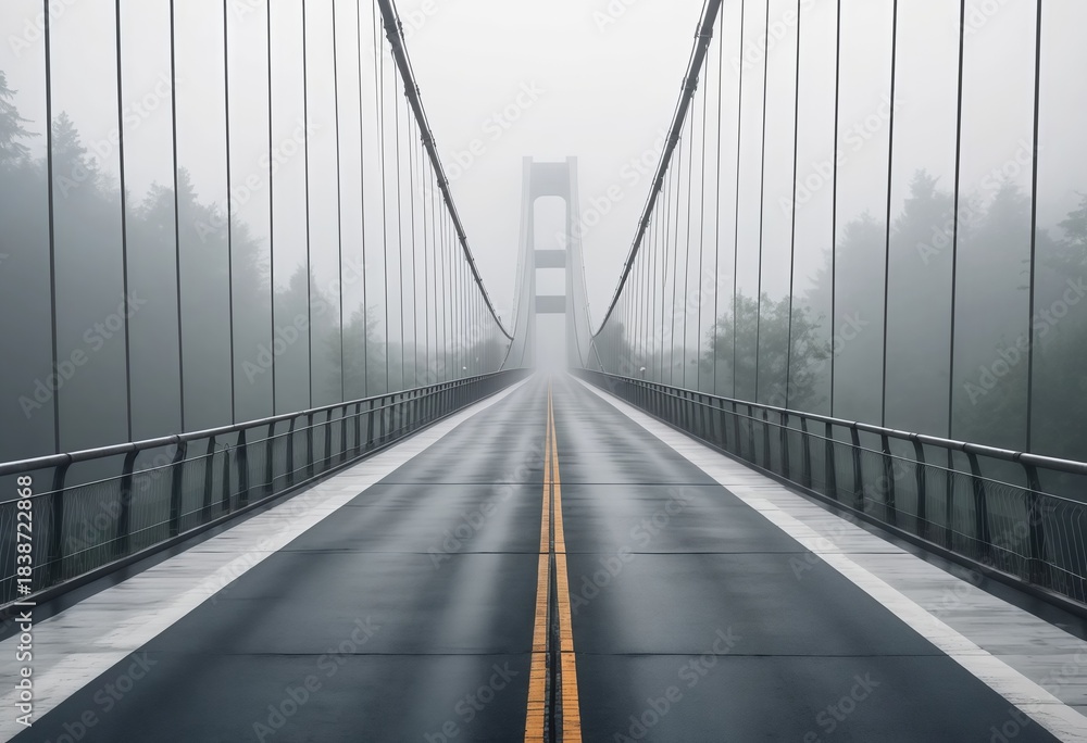 Obraz premium Suspension bridge road vanishing into dense fog with wet asphalt