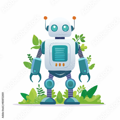Friendly Robot with Green Nature Background.
