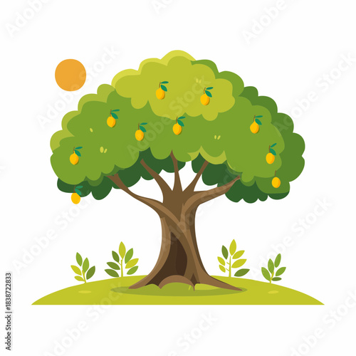 Ripe Mango Tree with Fruit and Sun - Summer Harvest.