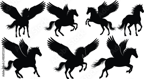 Pegasus silhouette set, flying horse vector, mythical creature illustration, fantasy animal poses, black winged horse design, majestic equine graphics