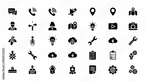 Diverse collection of black icons representing various concepts like communication, business, location, and technology