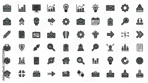 Extensive monochrome vector icon collection encompassing essential business, technology, and communication concepts for modern digital design projects and user interfaces