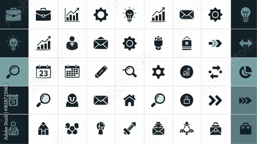 Dynamic collection of essential business and technology concept icons, ideal for enhancing digital interfaces, professional presentations, and graphic design projects