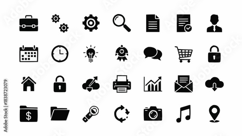 Collection of Flat Icons Representing Business, Technology, and Communication Concepts