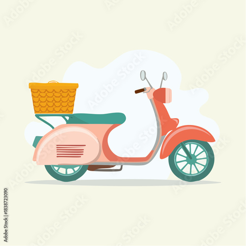 Retro Pink Scooter with Wicker Basket. Vintage Moped for Delivery  Urban Transport.