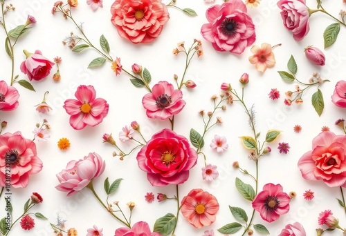 Delicate floral seamless pattern; white background, various blooms & foliage,  graphic,  summer