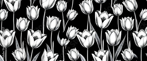Elegant black and white tulip sketch, seamless repeat pattern for textile or wallpaper, seamless, monochromatic