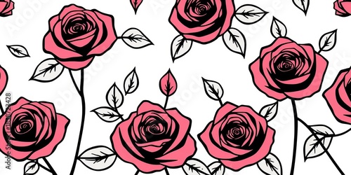 Elegant black outline rose seamless pattern on white background, illustration, pattern