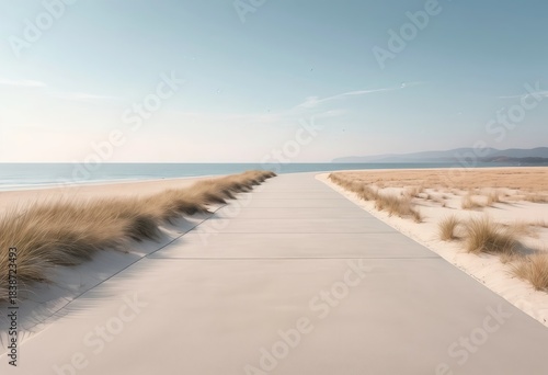 Concrete pathway promenade along sandy beach and calm blue sea
