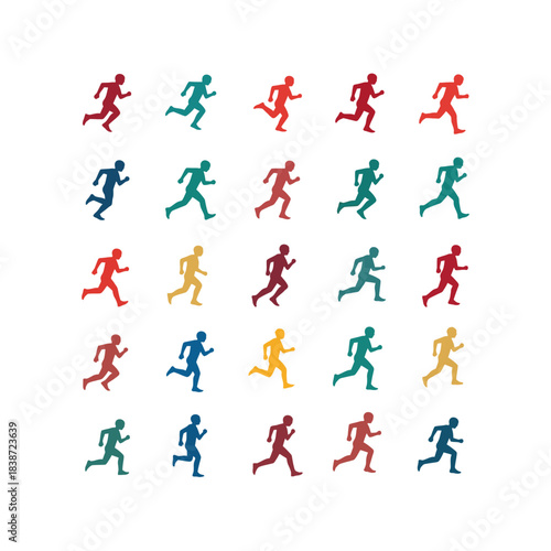 A vibrant grid pattern featuring multiple identical vector silhouettes of people running in various colors.