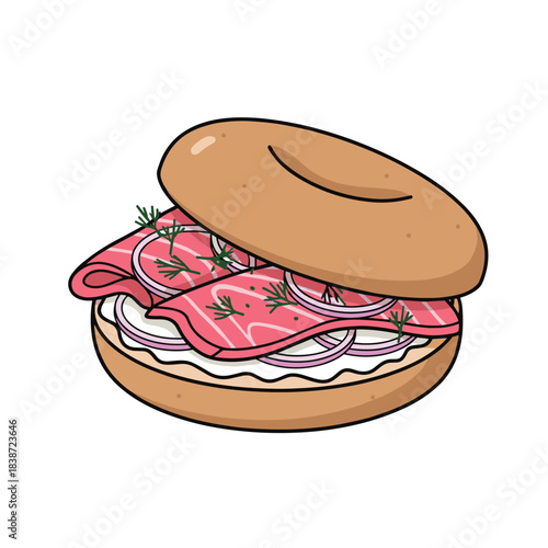 Bagel with smoked salmon, cream cheese, red onion and dill — flat design illustration, isolated on white background