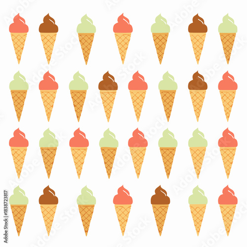 Colorful Ice Cream Cones Pattern Sweet Summer Dessert Background Grid.