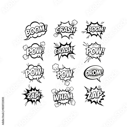 Dynamic monochrome comic book sound effect bubbles with various onomatopoeia.
