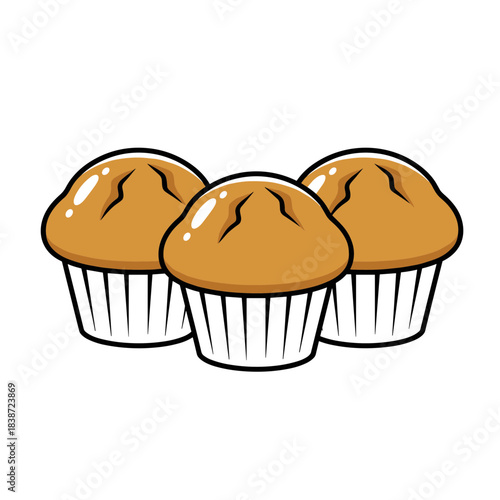 Three muffins in white paper cups — flat design illustration, isolated on white background