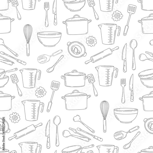 A seamless pattern of various hand-drawn kitchen utensils and cooking equipment in a monochrome line art style.