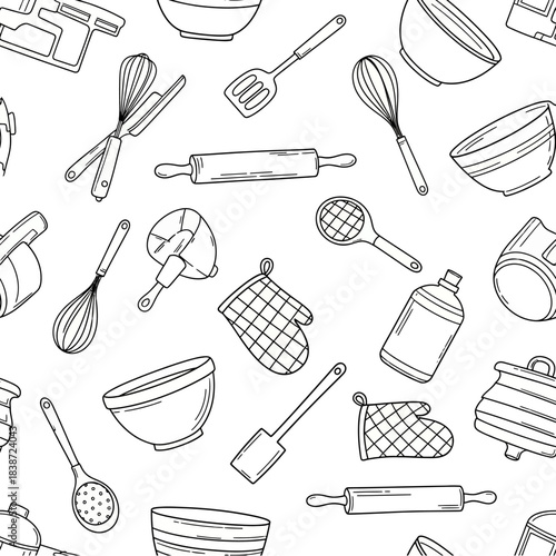 Seamless pattern illustration of various hand-drawn kitchen and baking utensils in a monochrome outline style.