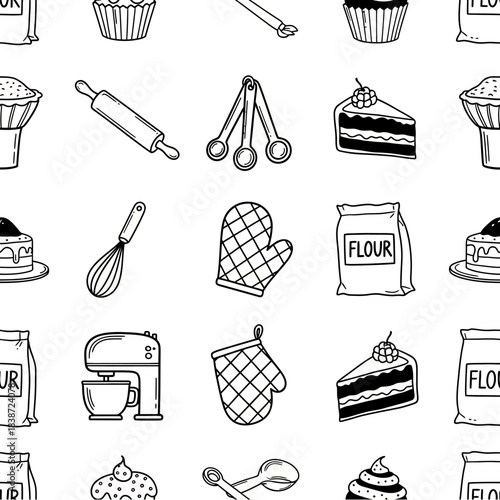 Seamless hand-drawn pattern featuring various baking tools, ingredients, and delicious desserts on a white background.