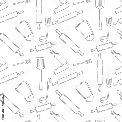 Monochrome vector pattern of baking and cooking tools, including rolling pins, spatulas, and ladles, on a clean white background.