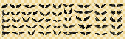 Collection of diverse black silhouette angel and bird wings icons set against a beige checkered background pattern