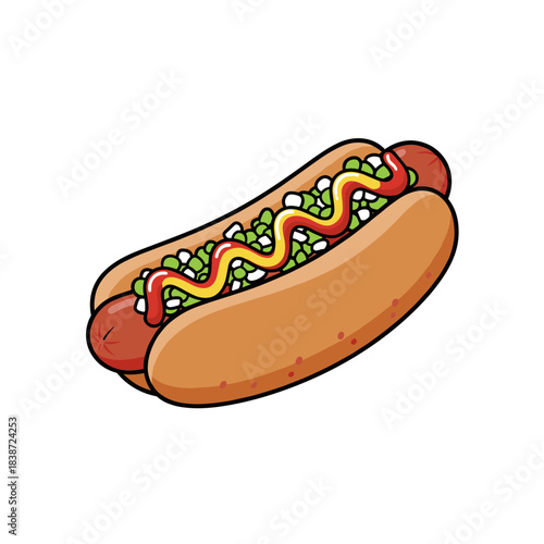 Delicious hot dog illustration, savory toppings, colorful vector art, appetizing scene