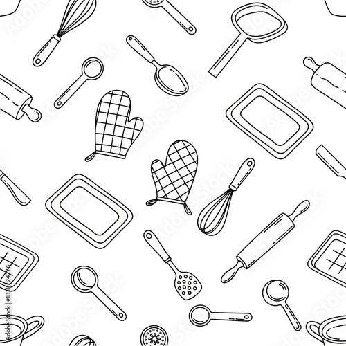 Seamless pattern of various hand-drawn kitchen and baking utensils in a simple outline style.