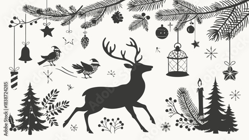 Richly detailed Christmas tree variations with ornaments, stars, and snowflakes forming a holiday pattern, displayed as a black silhouette on white background.