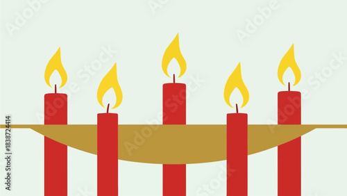 Five red candles with yellow flames on a golden holder, a simple graphic illustration for festive occasions.