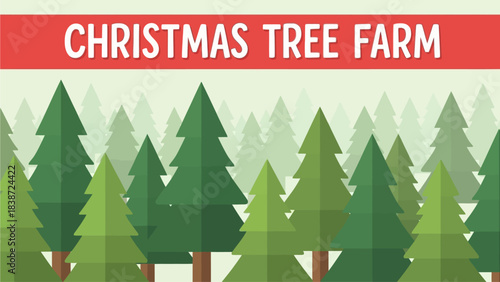 Stylized illustration of a Christmas tree farm with numerous green fir trees and a red banner displaying 'CHRISTMAS TREE FARM'.