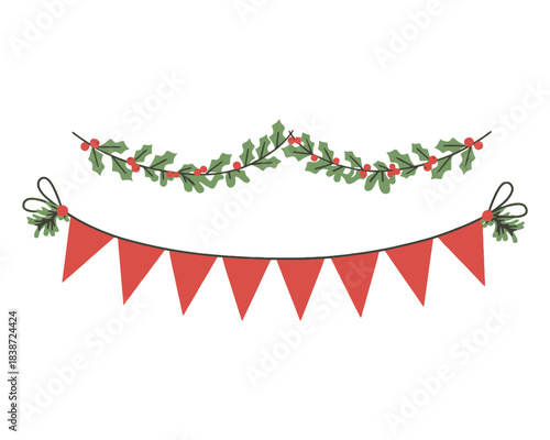 Christmas garland and bunting banner decoration isolated on