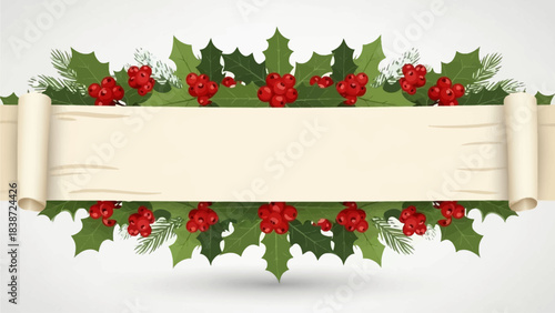 A festive holiday banner with a blank parchment scroll framed by green holly leaves and red berries, perfect for Christmas greetings.