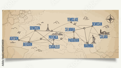 Vintage map illustration showing interconnected fictional European cities and travel routes.