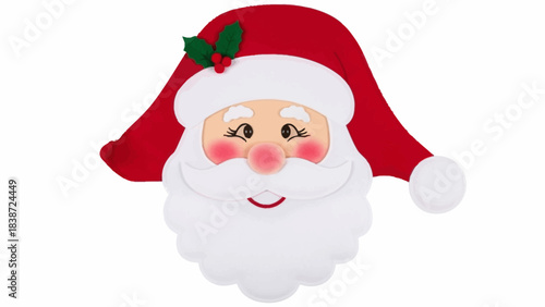 Cartoon Santa Claus head with red hat, white beard, rosy cheeks, and holly on a white background.