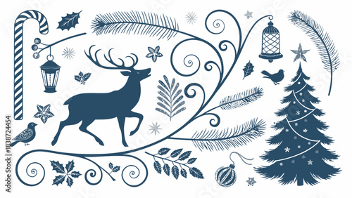 A dense Christmas-themed black silhouette set displayed on a white background, showcasing multiple reindeer poses, Santa riding a sleigh with flying reindeer