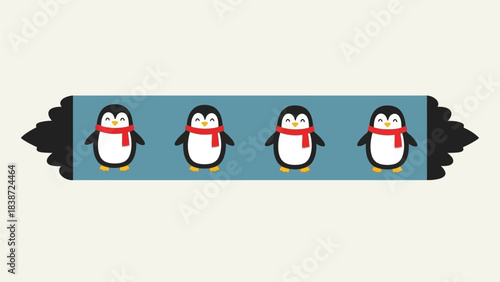 Four cute cartoon penguins wearing red scarves standing in a row on a blue banner with jagged ends.