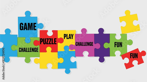Colorful jigsaw puzzle pieces with words like game, puzzle, play, challenge, and fun scattered on a light background.