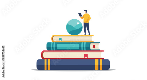 A young man stands on a tall stack of books while using a digital tablet, illustrating the evolution of learning from traditional to modern technology.