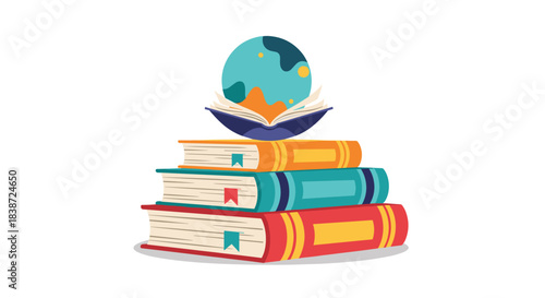 A colorful stack of hardcover books with an open book on top, revealing a globe of the earth and symbolizing the power of global education.