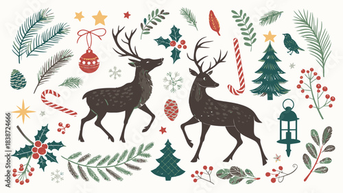 A dense Christmas-themed black silhouette set displayed on a white background, showcasing multiple reindeer poses, Santa riding a sleigh with flying reindeer