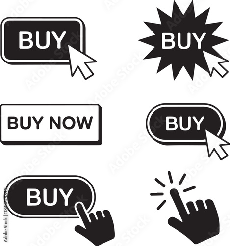Black and White Buy Buttons with Hand Cursor Icons