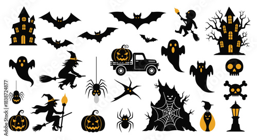 A large collection of black and orange Halloween silhouettes including haunted houses, bats, ghosts, witches, pumpkins, spiders, and skulls.